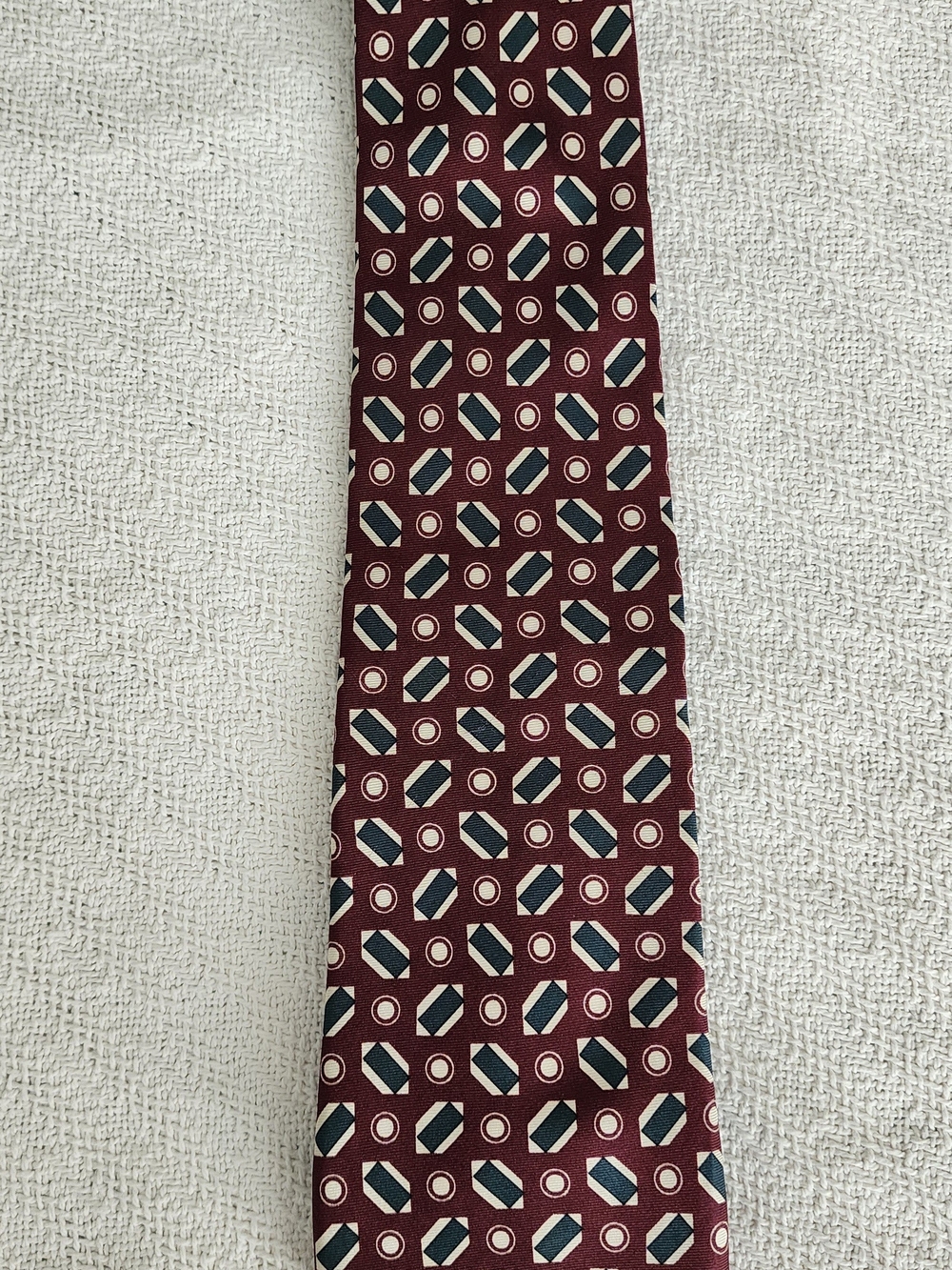 Brooks Brothers Maroon Tie with Navy and Cream Geometric Motif Est 1818